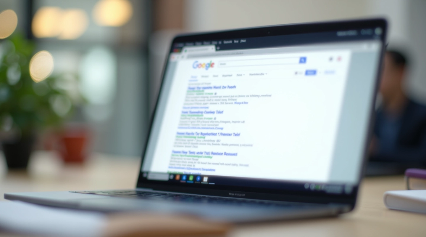 Laptop screen displaying Google search results with meta titles and descriptions visible