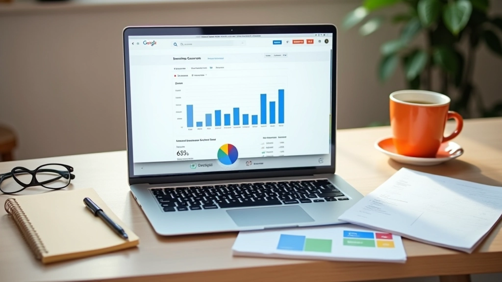 Laptop screen showing Google Search Console metrics with click data, impressions graph, and position tracking for multiple keywords