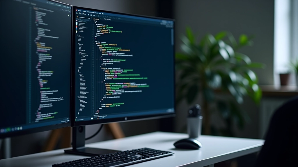 Developer reviewing code and web page structure on multiple monitors