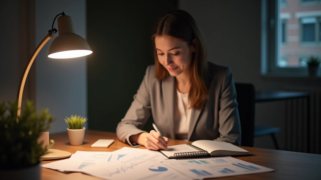 Person writing notes and analyzing data on a desk with printed analytics reports, graphs, and a laptop showing metrics